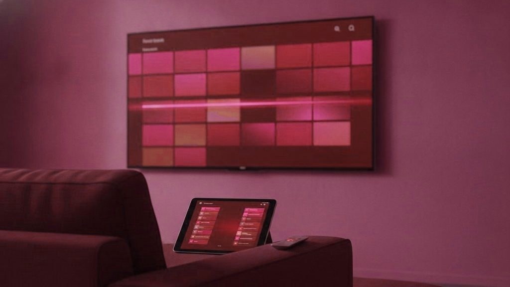 A TV showing a programme guide grid with a tablet and phone showing channel lists on a sofa