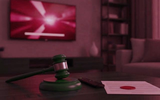 A judge gavel, a streaming remote and a sealed document on a coffee table in front of a TV
