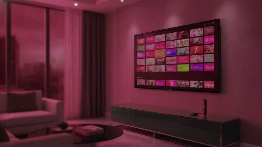 A living-room TV showing an IPTV channel guide with a streaming stick on the console